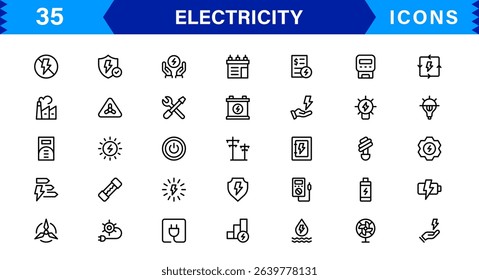 Electricity Icon Collection with Power, Energy, Electrical Equipment, Circuit, and Renewable Energy Symbols in a Simple, Marketable Design