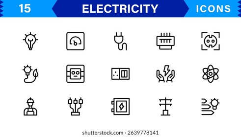 Electricity Icon Collection with Power, Energy, Electrical Equipment, Circuit, and Renewable Energy Symbols in a Simple, Marketable Design
