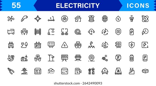 Coleção de Ícones de Eletricidade com Símbolos de Energia, Energia, Equipamento Elétrico, Circuito e Energia Renovável em um Design Simples e Comercializável