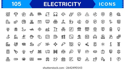 Electricity Icon Collection with Power, Energy, Electrical Equipment, Circuit, and Renewable Energy Symbols in a Simple, Marketable Design