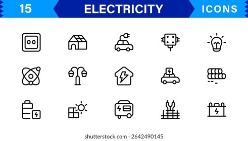 Electricity Icon Collection with Power, Energy, Electrical Equipment, Circuit, and Renewable Energy Symbols in a Simple, Marketable Design