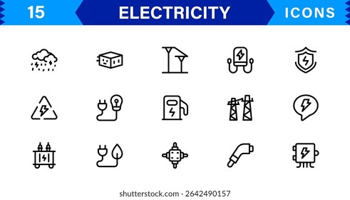 Electricity Icon Collection with Power, Energy, Electrical Equipment, Circuit, and Renewable Energy Symbols in a Simple, Marketable Design