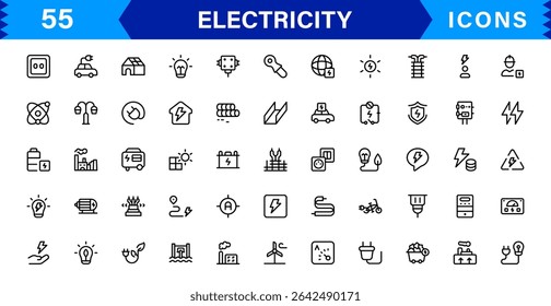 Electricity Icon Collection with Power, Energy, Electrical Equipment, Circuit, and Renewable Energy Symbols in a Simple, Marketable Design