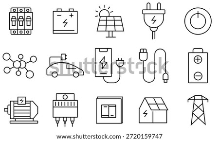 Electricity icon collection. Simple set of 15 energy related vector line icons.  Eco friendly power energy, solar, battery icon and more. Vector illustration.