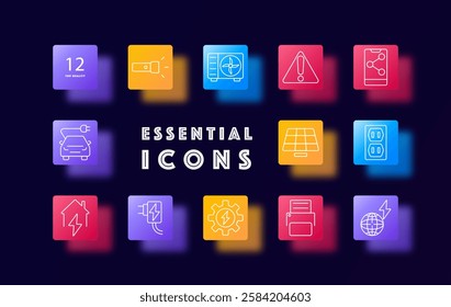 Electricity icon. Flashlight, wind energy, warning sign, smart devices, electric vehicle, home energy, power socket, solar panel, automation, industrial control, battery charging, global connectivity