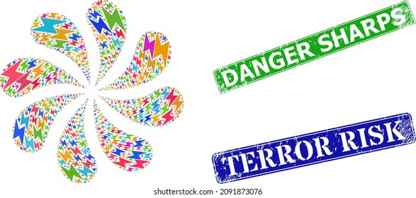 Electricity icon multi colored centrifugal motion flower fireworks composition, and rubber Danger Sharps stamp seal. Blue Terror Risk and green Danger Sharps rectangle grunge seal stamps.