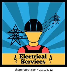 Electricity icon poster with electrician silhouette and power line vector illustration