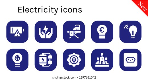  electricity icon set. 10 filled electricity icons. Simple modern icons about  - Empty battery, Save energy, Ironing board, Idea, Battery, Green energy, Windmill, Socket