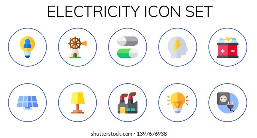 electricity icon set. 10 flat electricity icons.  Simple modern icons about  - idea, solar panel, windmill, lamp, switches, industry, brainstorm, battery, socket