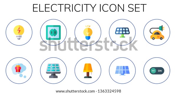electricity icon set. 10 flat electricity icons. \
Collection Of - bulb, thinking, socket, solar panel, solution,\
lamp, solar, electric car,\
switch