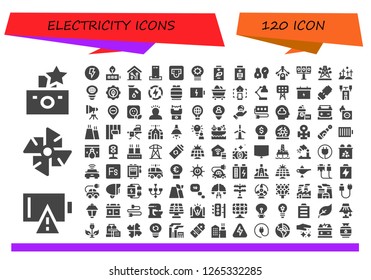  electricity icon set. 120 filled electricity icons. Simple modern icons about  - Flash, Empty battery, Windmill, Electricity, Battery, Smart home, Charger, Socket, Idea, Ideas