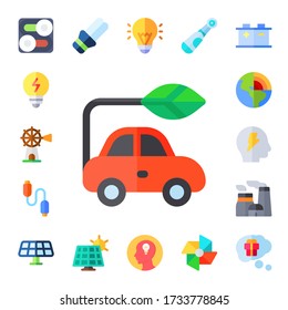electricity icon set. 17 flat electricity icons. Included switch, bulb, windmill, electric car, usb cable, geothermal, brainstorm, nuclear plant, solar, light bulb, solar panel icons