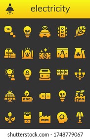 conjunto de iconos de electricidad. 26 iconos llenos de electricidad. Incluido Pensamiento, Lámpara, Idea, Automóvil Eléctrico, Luz de Tráfico, Energía Renovable, Fábrica, Factura, Planta Nuclear, Batería, Iconos de Iluminación