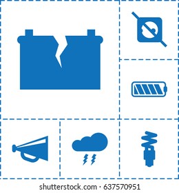 Electricity icon. set of 6 electricity filled icons such as megaphone, fluorescent lamp, battery, broken battery, thunderstorm