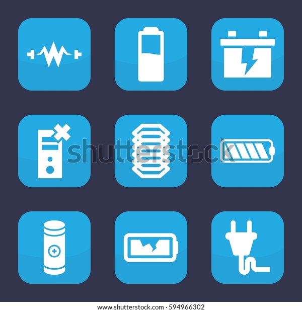 electricity\
icon. Set of 9 filled electricity icons such as battery, broken\
battery, plug, electric circuit,\
electricity