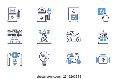 Conjunto de ícones de eletricidade. Estilo de linha em negrito. Cores duotônicas. Botão de força, motor, torre elétrica, perigo elétrico, gerador elétrico, bicicleta elétrica.