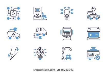 Conjunto de ícones de eletricidade. Estilo de linha em negrito. Cores duotônicas. Curso editável. carro elétrico, ônibus elétrico, bateria, gerador elétrico, eco elétrico, ponto de carregamento.