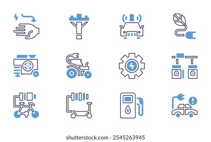 Conjunto de ícones de eletricidade. Estilo de linha em negrito. Cores duotônicas. curso editável. carga elétrica, carro, eletricidade, carro elétrico, cabo quebrado, scooter, gerador elétrico, caixa de fusíveis.