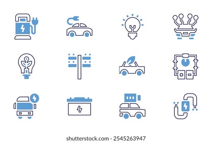 Electricity icon set. Bold line style. Duotone colors. Editable stroke. electric charge, electric tower, electric station, electrical circuit, electricity, electric car.