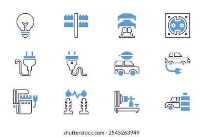 Electricity icon set. Bold line style. Duotone colors. Editable stroke. electric car, microcurrents, electric scooter, electric power, tower, socket.