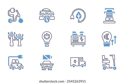 Electricity icon set. Bold line style. Duotone colors. Editable stroke. circuit, electric tower, electric car, lightning bolt, price, wheelchair.