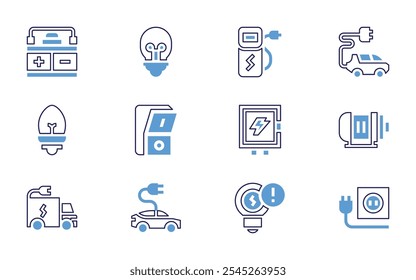 Conjunto de iconos de electricidad. Estilo de línea en negrita. Colores duotónicos. Estación de carga, panel eléctrico, motor eléctrico, coche eléctrico, electricidad, eléctrico.