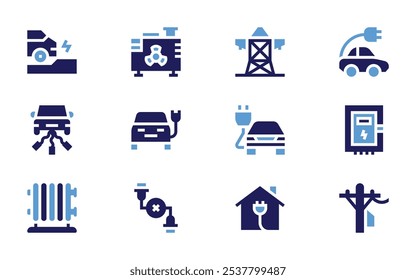 Electricity icon set. Bold style. Duotone colors. electric car, electric generator, electric tower, electric heater, fuse box, power line, cable break.