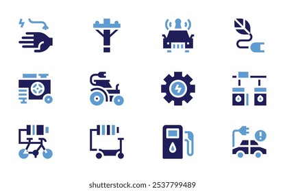 Electricity icon set. Bold style. Duotone colors. electric pole, fuel station, tractor, electric scooter, electric car, electric gear.