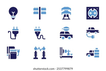 Electricity icon set. Bold style. Duotone colors. plug, electricity, electric car, electric power, lightbulb, electric blanket, electric pole.