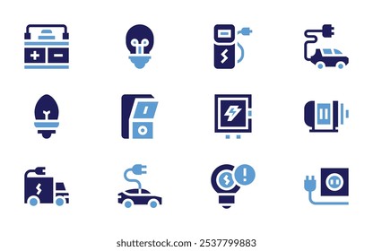 Conjunto de ícones de eletricidade. Estilo negrito. Cores duotônicas. elétrica, estação de carregamento, lâmpada, painel elétrico, interruptor de luz, caminhão, carro elétrico, eletricidade.