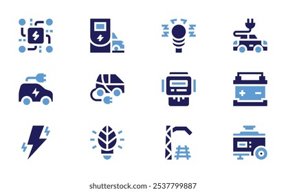Symbolsatz für Elektrizität. Fett. Duotonfarben. elektrische Welle, elektrisches Messgerät, elektrischer Turm, Glühbirne, Elektroauto, Stromkreis, Blitz.