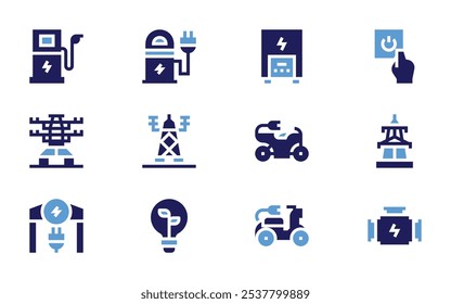 Electricity icon set. Bold style. Duotone colors. electric station, electric heater, green energy, bike, electric tower, charge.