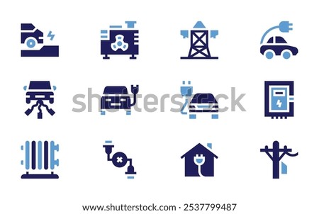 Electricity icon set. Bold style. Duotone colors. electric car, electric generator, electric tower, electric heater, fuse box, power line, cable break.