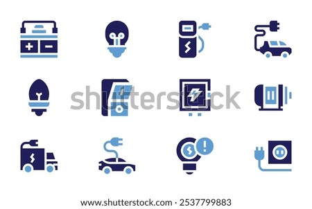 Electricity icon set. Bold style. Duotone colors. electric, charging station, light bulb, electric panel, light switch, truck, electric car, electricity.