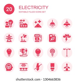 electricity icon set. Collection of 20 filled electricity icons included Idea, Factory, Dust, Lamp, Light, Electric tower, Desk lamp, Gas, Fuel, Brainstorming, Charger, Street light