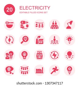 electricity icon set. Collection of 20 filled electricity icons included Beater, Driller, Lights, Factory, Lamp, Eco energy, Lightbulb, Green power, Cable, Inspiration, Idea, Gas