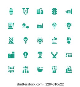 electricity icon set. Collection of 25 filled electricity icons included Factory, Beater, Idea, Lights, Desk lamp, Lightbulb, Lamp, Windmill, Bulb, Fuel, Dynamo, Traffic light