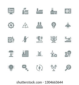 electricity icon set. Collection of 25 filled electricity icons included Lightbulb, Street light, Eco energy, Thinking, Idea, Eolical, Windmill, Factory, Desk lamp, Telegraph