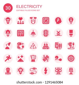 electricity icon set. Collection of 30 filled electricity icons included Bulb, Inspiration, Resistance, Dimmer, Brainstorm, Idea, Voltmeter, Lamp, Traffic light, Windmill, Driller