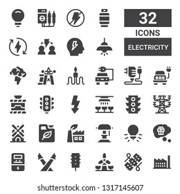 electricity icon set. Collection of 32 filled electricity icons included Factory, Wires, Windmill, Traffic light, Lights, Voltmeter, Thinking, Idea, Desk lamp, Green power, Fuel