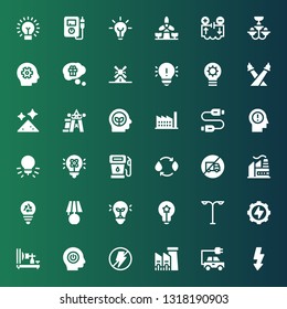 electricity icon set. Collection of 36 filled electricity icons included Flash, Energy, Factory, Power, Electric telegraph, Street light, Idea, Bulb, Lamp, No trucks, Gas, Light