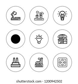 Electricity icon set. collection of 9 outline electricity icons with desk lamp, factory, idea, industry, renewable energy, socket icons. editable icons.