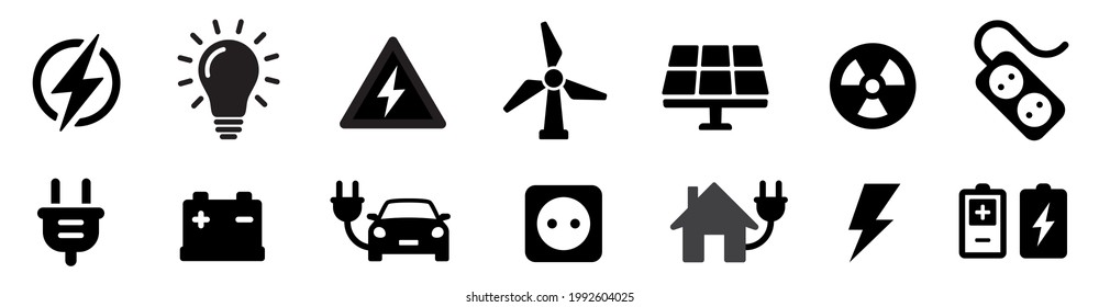 Electricity icon set. Collection of green energy icons. Icons for renewable energy, green technology. Flat style icon. Environmental sustainability simple symbol - stock vector.