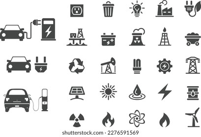 Electricity icon set. Collection of green energy icons. Icons for renewable energy, green technology. Flat style icon. Environmental sustainability simple symbol 