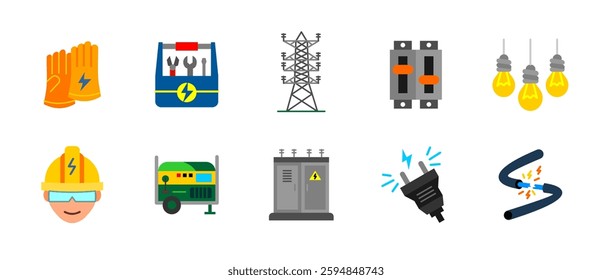 Electricity icon set colored. Power generation, energy and electrical components collection. Voltage, transmission, electrician tools and safety vector illustration. Engineering colorful icons.