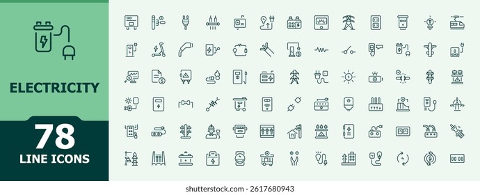 Electricity icon set. Contains related to charge, charger, solar, electrical, solar power, charging station and more. Charge icon collection. Minimal icons set. Vector illustration.