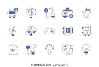 Electricity icon set. Duotone style line stroke and bold. Vector illustration. Containing electric bus, lightbulb, renewable energy, electric generator, plug, eco electric, electric car, switch.