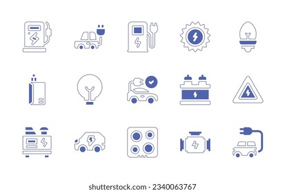 Electricity icon set. Duotone style line stroke and bold. Vector illustration. Containing electric station, electric car, charging station, solar energy, light bulb, electronic cigarette, lightbulb.