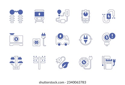 Electricity icon set. Duotone style line stroke and bold. Vector illustration. Containing electricity, electric train, electrical circuit, generator, plugging, electric vehicle, electric plug.