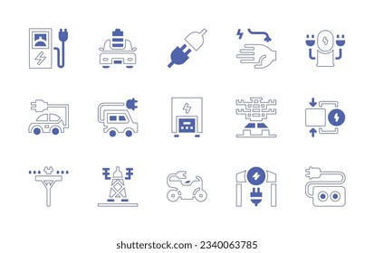 Electricity icon set. Duotone style line stroke and bold. Vector illustration. Containing electric power, electric car, plug, electrical hazard, electric station, heater, tower.